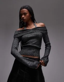 Mango Halterneck And Bardot Long Sleeve Knitted Top In Grey For Women