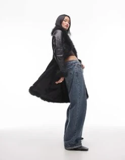 Mango Fur Edge Leather Look Trench In Black For Women