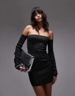 Mango Metallic Knit Strapless Mini Dress With Removeable Sleeves In Black For Women