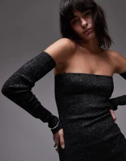 Mango Metallic Knit Strapless Mini Dress With Removeable Sleeves In Black For Women -Mango Sales 207627984 4