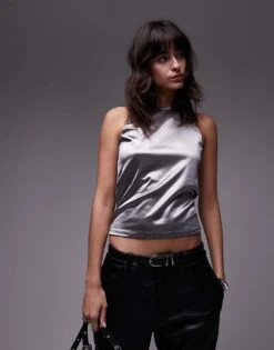 Mango Metallic High Neck Top In Silver For Women
