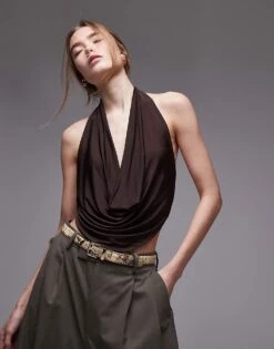 Mango Halterneck Floaty Top In Dark Brown For Women
