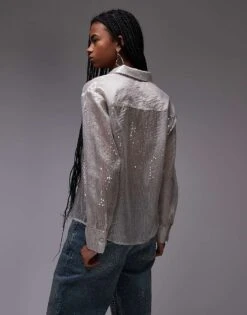 Mango Sequin Shirt In Silver For Women -Mango Sales 207628053 4