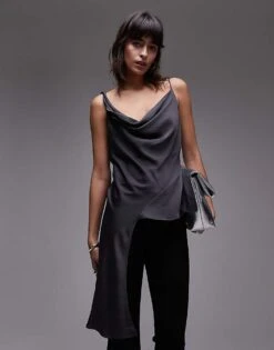 Mango Silky Aysmmetric Drape Top In Grey For Women