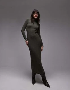 Mango Fold Over Bardot Maxi Dress In Khaki For Women -Mango Sales 207628621 2