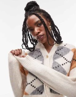 Mango Argyle Cardigan In Beige For Women -Mango Sales 207629529 4