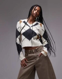 Mango V Neck Argyle Jumper In Beige For Women