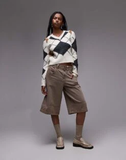 Mango V Neck Argyle Jumper In Beige For Women -Mango Sales 207629699 3