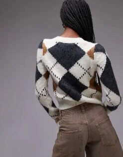 Mango V Neck Argyle Jumper In Beige For Women -Mango Sales 207629699 4