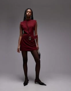 Mango High Neck Belted Mini Dress In Dark Red For Women