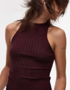 Mango Shimmer Knitted Sleeveless Top In Burgundy For Women