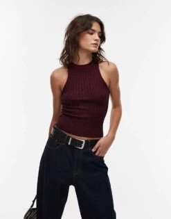 Mango Shimmer Knitted Sleeveless Top In Burgundy For Women -Mango Sales 207631684 4