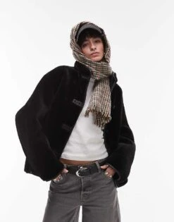 Mango Funnel Neck Shearling Jacket In Black For Women