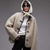 Mango Funnel Neck Shearling Jacket In Beige For Women White