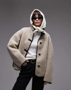 Mango Funnel Neck Shearling Jacket In Beige For Women White