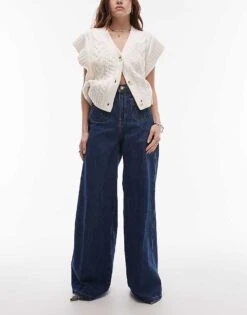 Mango Gold Button Wide Leg Jean In Dark Blue For Women -Mango Sales 207801388 1 blue 1