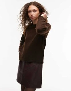 Mango Crew Neck Jumper In Chocolate Brown For Women
