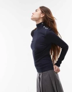 Mango Button Detail Neck Long Sleeve Top In Navy For Women