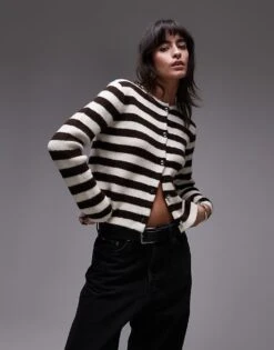 Mango Button Detail Cardigan In Brown And White Stripe For Women Multi