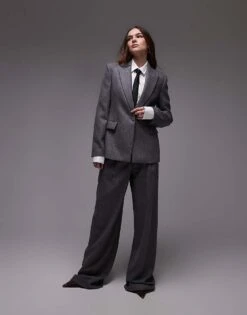 Mango Brushed Wool Touch Co-ord In Grey Pinstripe