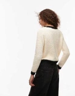 Mango Fluffy Cardigan In Cream And Black For Women Multi -Mango Sales 207881203 4