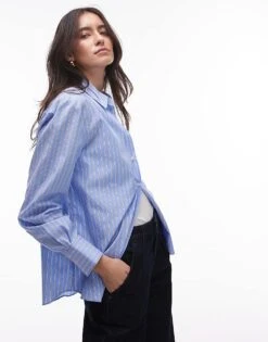 Mango Shirt In Light Blue And Brown Stripe For Women