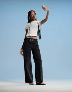 Mango Gold Button Wide Leg Jean In Black For Women -Mango Sales 207881376 1 black 1