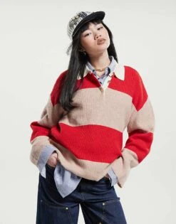 Mango Polo Jumper In Beige And Red Stripe For Women Multi