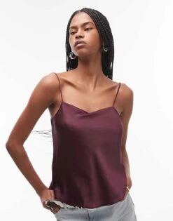 Mango Satin Cami Top In Burgundy For Women