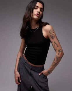 Mango Ribbed Racer Neck Vest In Black For Women