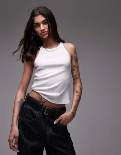 Mango Mixed Rib Round Neck Vest In White For Women