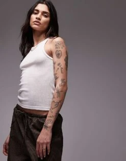 Mango Ribbed Racer Neck Vest In White For Women -Mango Sales 207988966 1 white 1