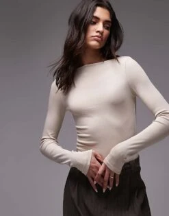 Mango Polyamide Boat Neck Long Sleeve Top In Light Grey For Women