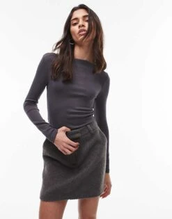 Mango Polyamide Boat Neck Long Sleeve Top In Charcoal For Women -Mango Sales 207988996 1 charcoal 1