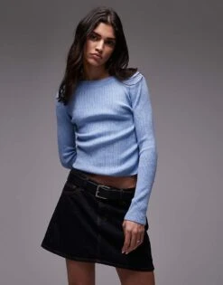 Mango Ribbed Boat Neck Long Sleeve Top In Light Blue For Women Mid Blue -Mango Sales 207989008 1 midblue 1