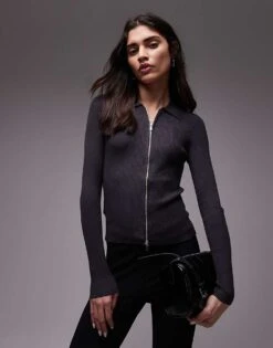 Mango Zip Through Cardigan In Charcoal For Women