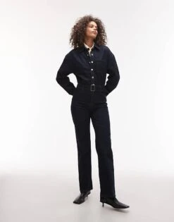 Mango Belted Denim Jumpsuit In Dark Blue For Women