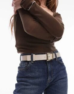 Mango Square Buckle Contrast Stitch Belt In White For Women -Mango Sales 208010758 1 white 1