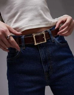 Mango Square Buckle Contrast Stitch Belt In Brown For Women -Mango Sales 208010759 1 brown 1