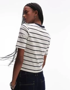 Mango Contrast Neck Striped T-shirt In White For Women -Mango Sales 208126112 4