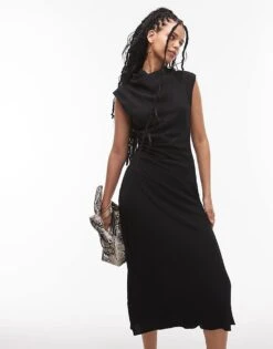 Mango Gathered Waist Detail Midaxi Dress In Black For Women