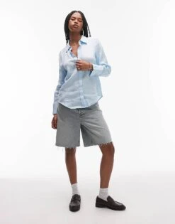 Mango Classic Linen Shirt In Light Blue For Women -Mango Sales 208126132 3