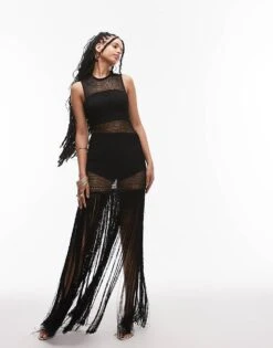 Mango Capsule Crochet Fringe Sleeveless Dress In Black For Women