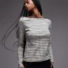 Mango Striped Boat Neck Long Sleeve T-shirt In White For Women