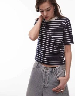 Mango Contrast Neck Striped T-shirt In Navy For Women -Mango Sales 208126188 1 navy 1