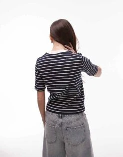 Mango Contrast Neck Striped T-shirt In Navy For Women -Mango Sales 208126188 4