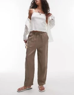 Mango Tie Waist Linen Trousers In Brown For Women