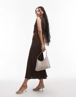 Mango Cap Sleeve Woven Dress In Light Brown For Women