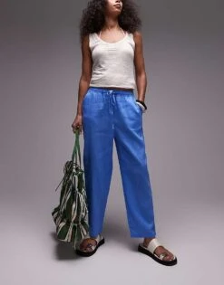 Mango Tie Waist Linen Trousers In Light Blue For Women