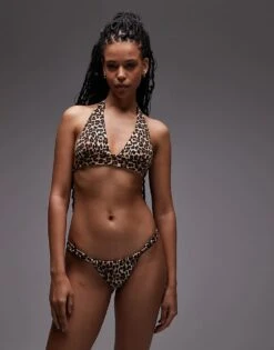 Mango Halter Neck Leopard Print Bikini In Brown